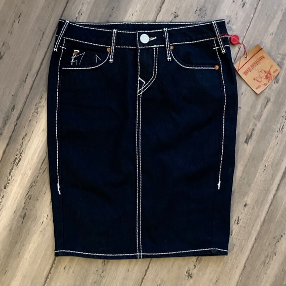 True Religion Denim Dark Blue Big T Stitch Skinny Pencil Skirt 26
